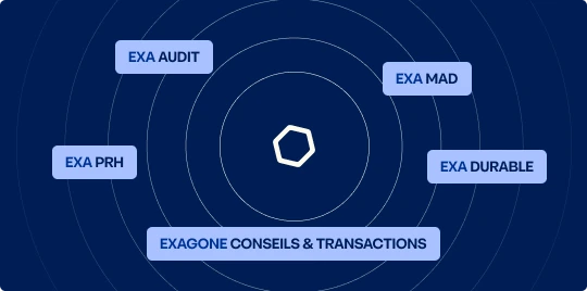 Schéma des pôles d'expertise du groupe EXAGONE : audit, expertise comptable et conseil, social et RH, durabilité et accompagnement administratif et financier.